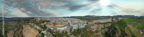 Aerial view of Ronda Plaza de Toros and medieval cityscape. This is the major white town of Andalusia, Spain