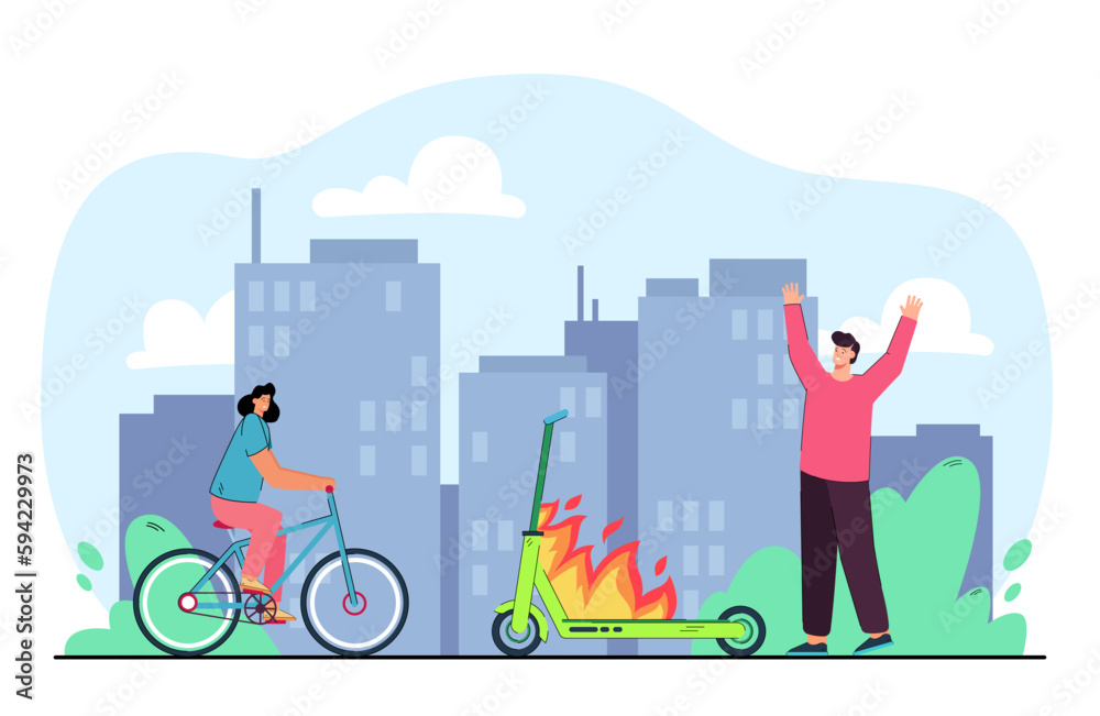 Scared man next to burning electric scooter vector illustration ...