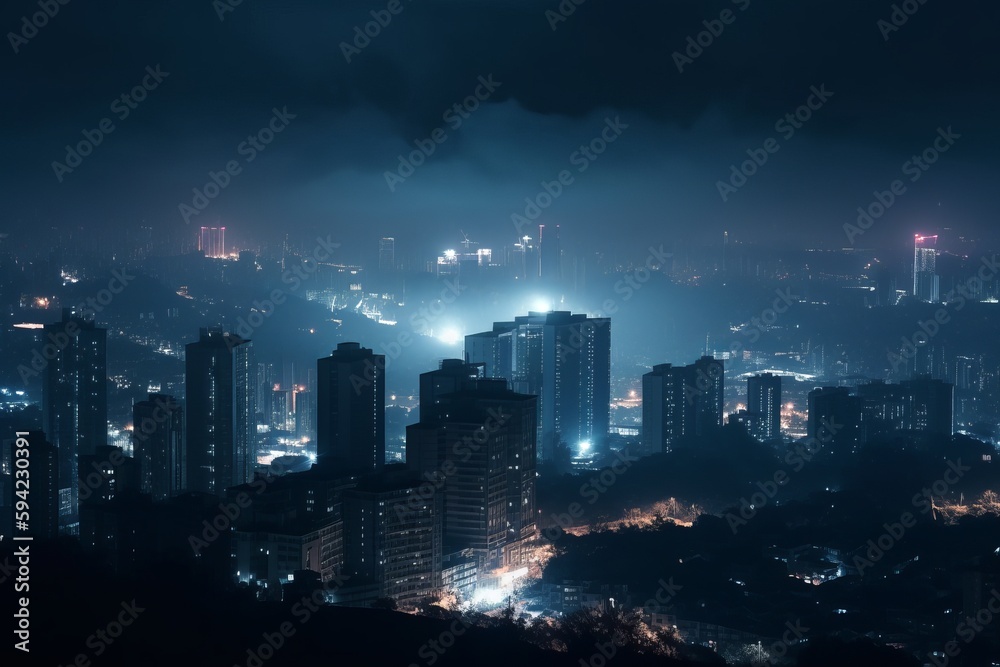 Obraz premium City at night, but instead of the usual lights, the buildings are illuminated from within by a faint blue radiation. Emergency sirens are blaring as people evacuate the city below. Generative AI