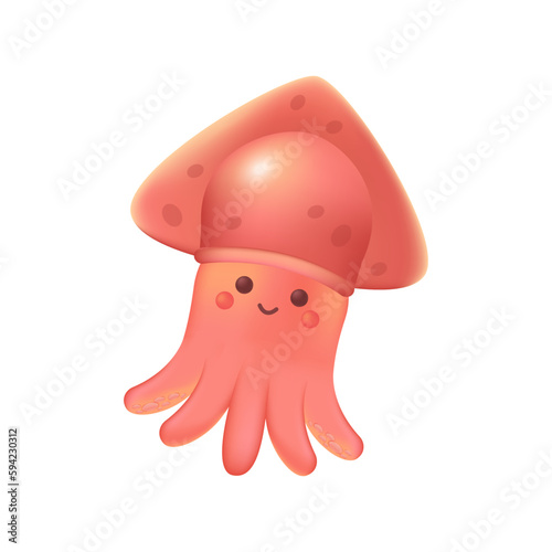 Adorable red squid 3d vector illustration. Cute marine creature swimming and smiling in cartoon style isolated on white background. Animal, nature, ocean concept