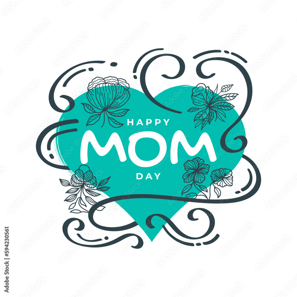Happy Mother's Day Lettering with Cute Blue Heart Illustration. Mothers Day Typography with Doodle Style. Can be Used for Greeting Card, Poster, Banner, or T Shirt Design