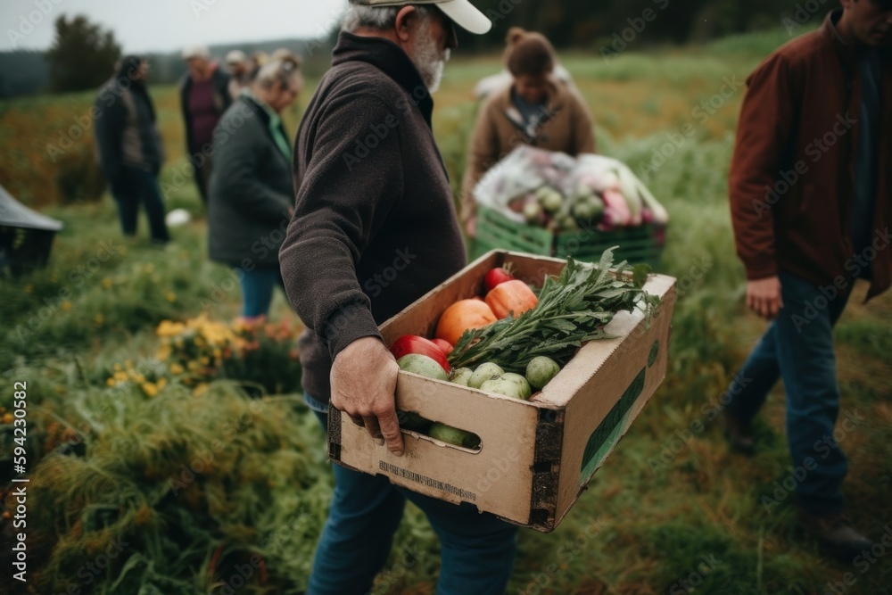 A food co-op agriculture farm. Members are carrying home boxes with the week's fresh, seasonal produce. Supporting local farmers is a pathway to better nutrition and sustainability. Generative AI - obrazy, fototapety, plakaty 