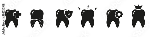 Toothache, Tooth Calculus, Teeth Repair Silhouette Icon Set. Dental Diagnostic Glyph Pictogram. Dental Crown, Oral Care. Dental Treatment Solid Sign. Dentistry Symbol. Isolated Vector Illustration