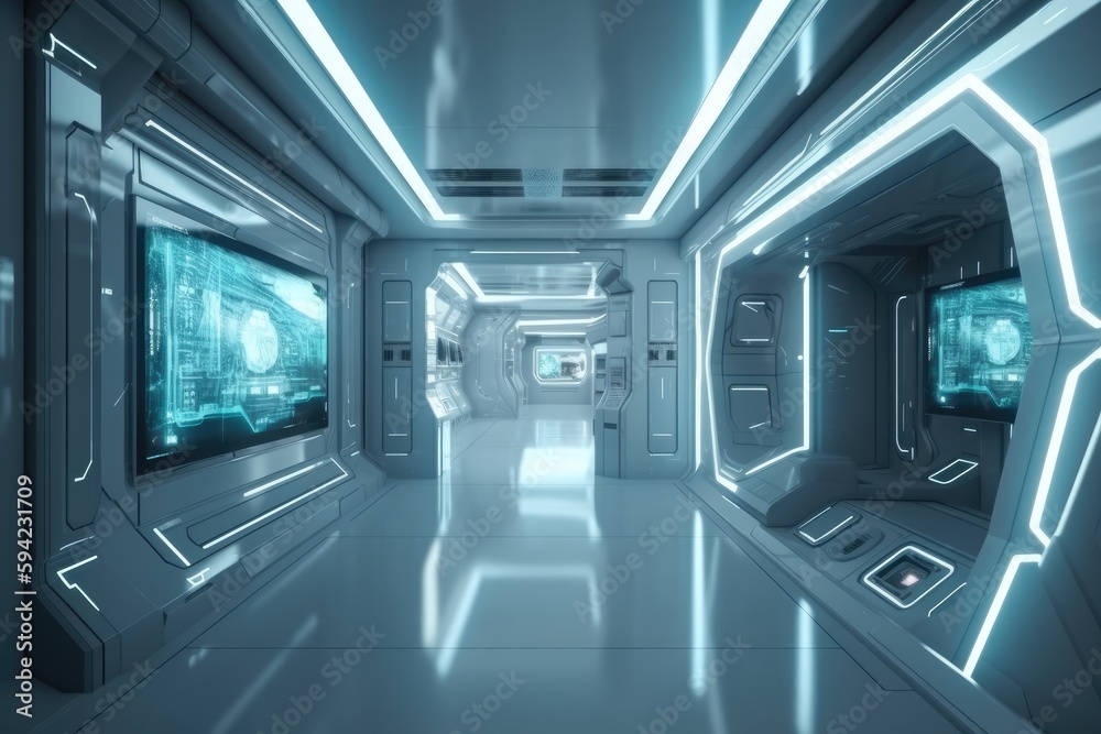Sci-fi hallway interior with computer and monitor screen on the wall. Generative Ai Sci-fi hallway interior with computer and monitor screen on the wall. Generative Ai