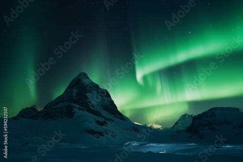 Snow covered Mountains with Aurora Borealis. Green Sky Wallpaper with copy-space. Generative AI
