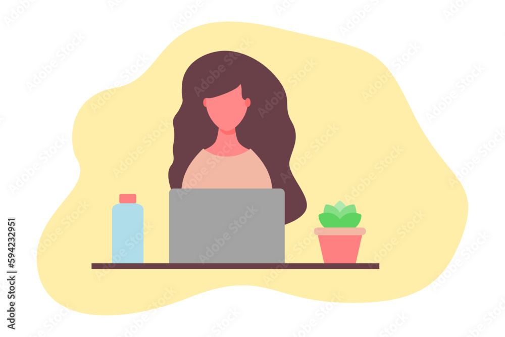 Freelancer woman working on a laptop. Table with a succulent plant and a bottle of water. Working at home. Remote work, home office, programming. Cozy interior. Flat character vector illustration. Freelancer woman working on a laptop. Table with a succulent plant and a bottle of water. Working at home. Remote work, home office, programming. Cozy interior. Flat character vector illustration.