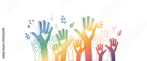 Raised hands. Volunteering, teamwork concert.