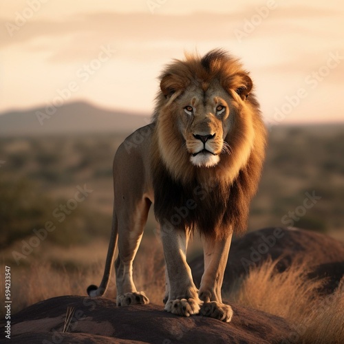 Majestic King of the Savanna: A Stunning Photograph of a Lion in Golden Hour Light on a Rocky Outcrop with a Breathtaking Landscape Background