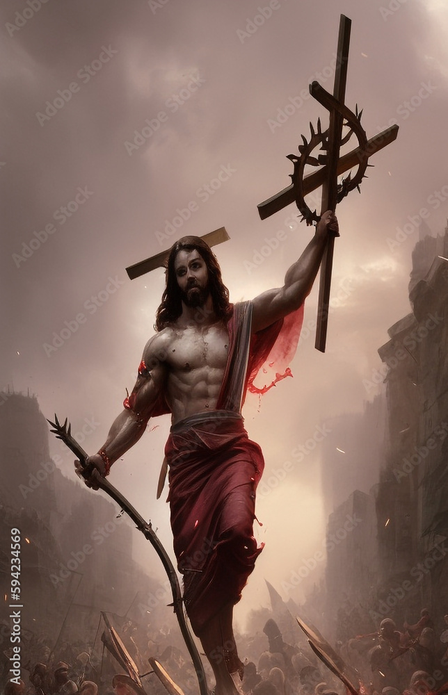 Naklejka premium Jesus with Sword, Generated Ai