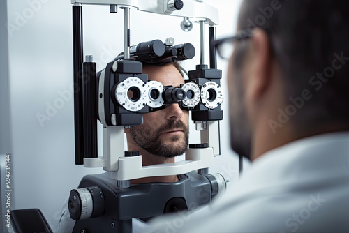 Generative Illustration AI of an ophthalmologist doctor making a vision diagnosis to a patient through a scientific device for eye health checkup