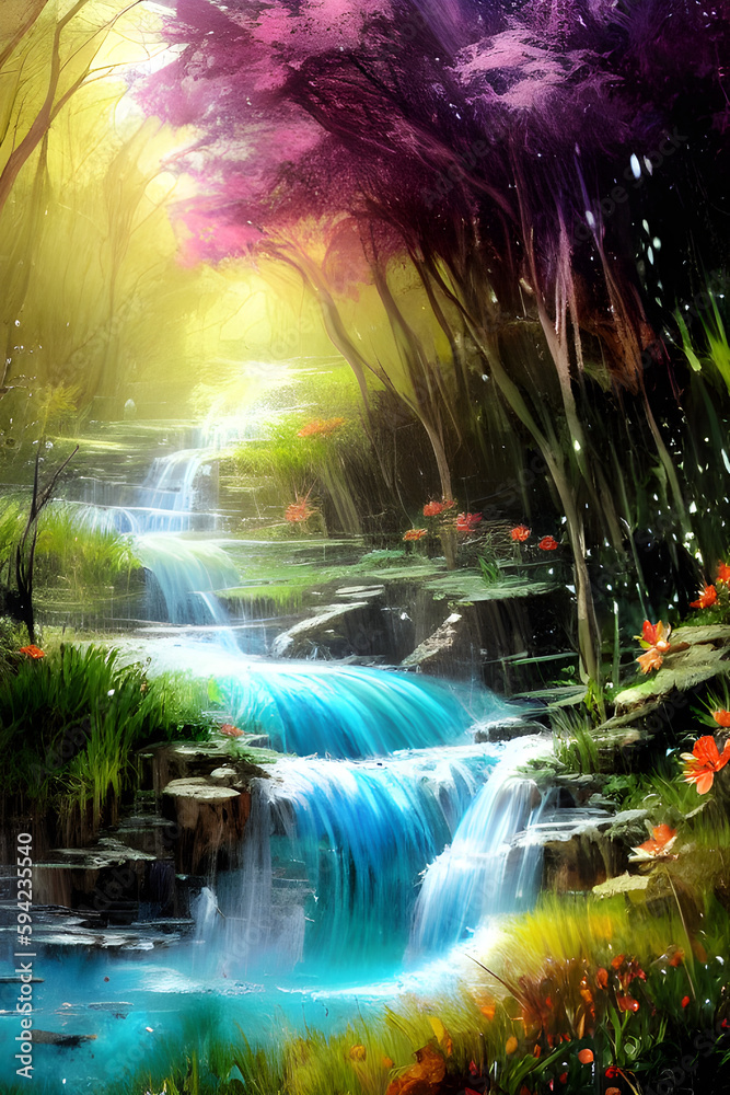 Spring landscape, fantasy illustration. Generative AI Spring landscape, fantasy illustration. Generative AI