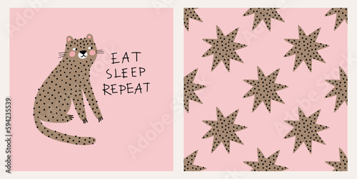 Cute cartoon leopard - vector illustration in flat style. Eat, Sleep, Repeat - han drawn lettering qoute