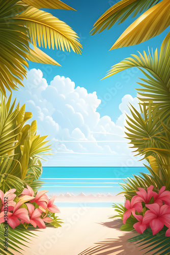 Obraz na płótnie Tropical beach with palm trees and sea. Generative AI w salonie