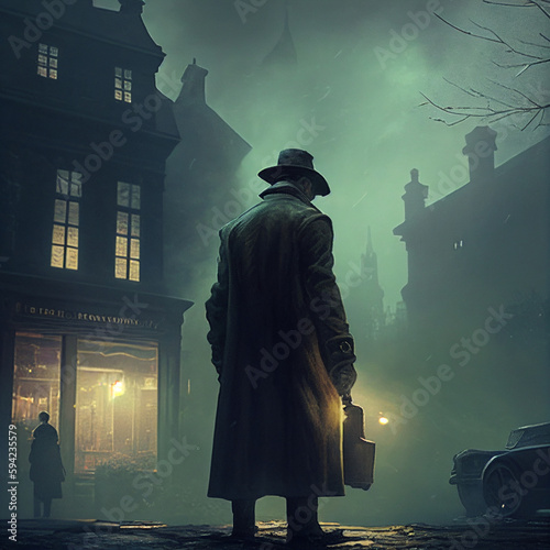a detective in front in innsmouth. Fog in the scene. Realistic. Extrange. Thriller. Old pistol in the hand photo