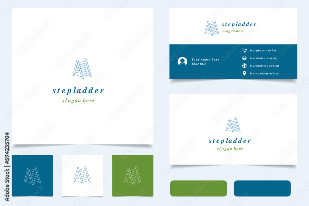Stepladder logo design with editable slogan. Branding book and business card template.
