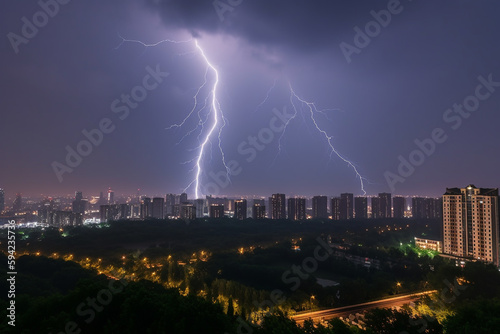 lightning over the night city. Thunderstorm  storm. Generative Ai