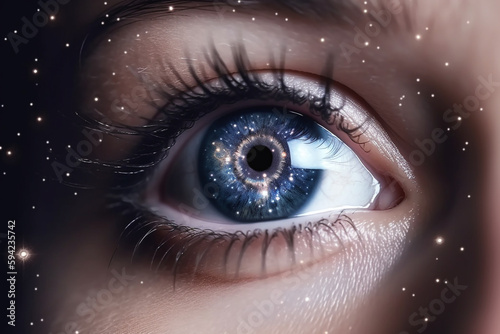 close-up of a human eye with stars in the background, digital art, surrealism, in the universe, a girl in space. Generative Ai