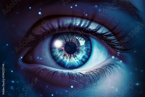 close-up of a human eye with stars in the background, digital art, blue lighting, fantasy, in-universe