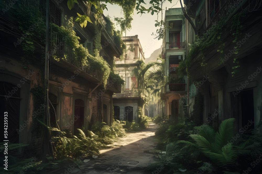 Illustration of a Post Apocalyptic Neighborhood Ruins - generative ai Illustration of a Post Apocalyptic Neighborhood Ruins - generative ai