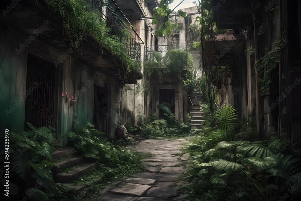 Illustration of a Post Apocalyptic Neighborhood Ruins - generative ai
