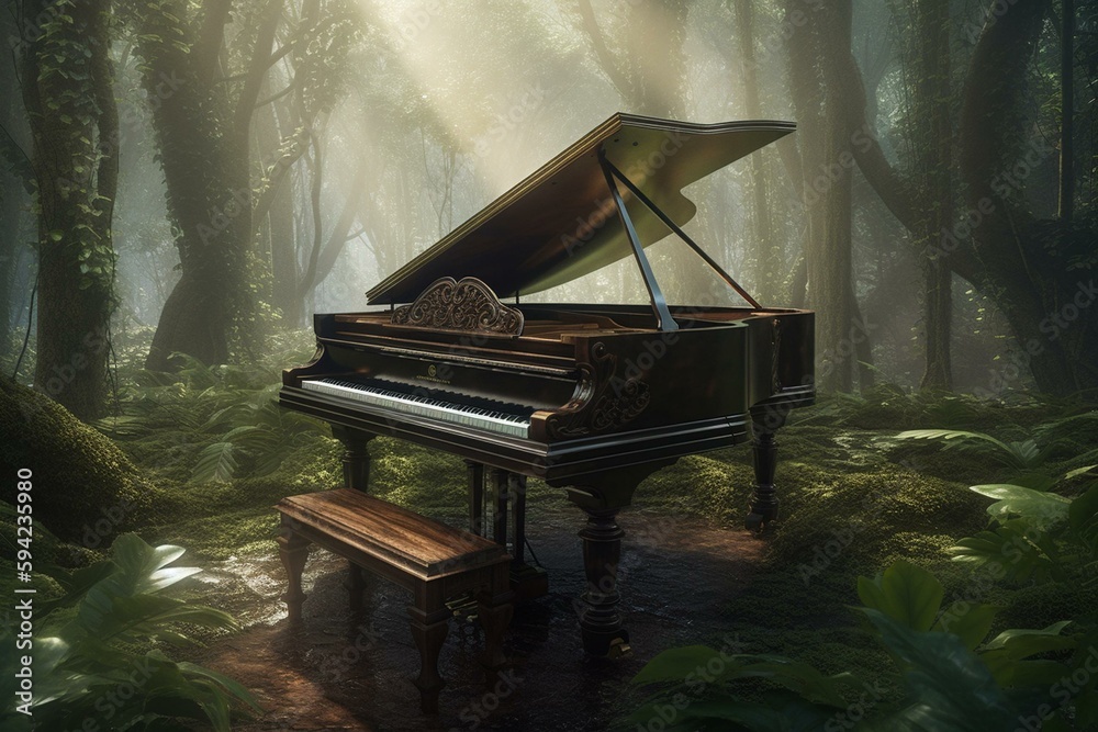 Majestic Grand Piano Serenades the Enchanting Forest Surroundings in a Captivating Visual