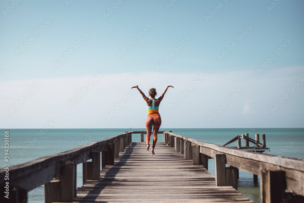 woman jumping from the pier into the ocean, sport. Generative Ai