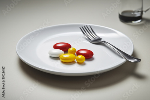 white plate with pills next to fork and knife, concept art, red and yellow colors. Generative Ai