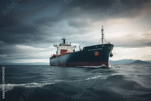 big boat floating on the surface of the water, cloudy. cinematic focus, utilitarian freighter. Generative Ai © PETR BABKIN