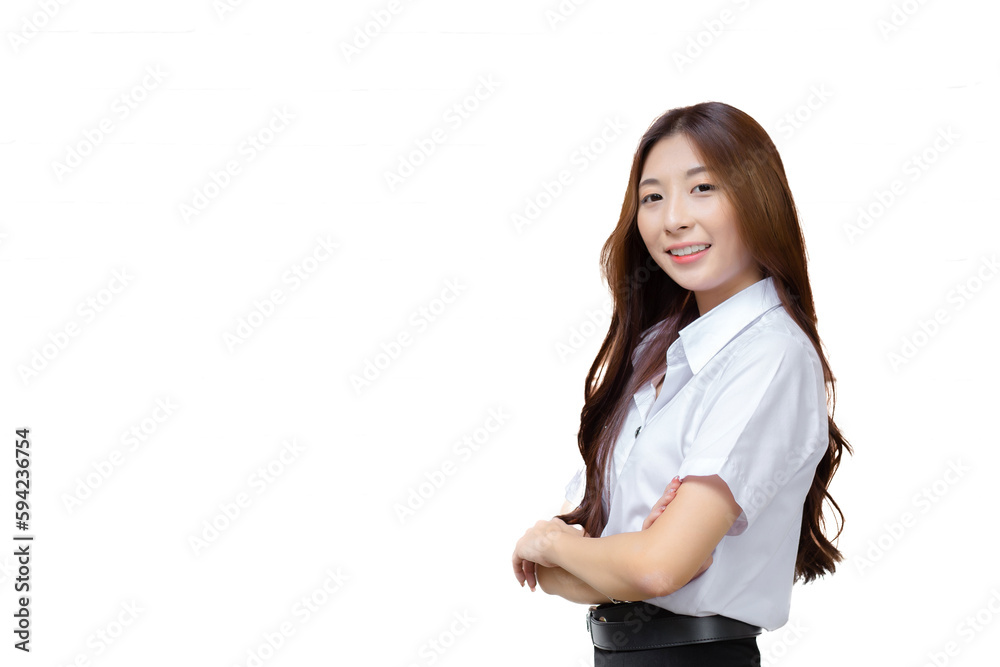 Portrait of adult Thai student. Cute Asian young girl student in uniform is smiling and looking at camera with her arms crossed confidently isolated on white background. Portrait of adult Thai student. Cute Asian young girl student in uniform is smiling and looking at camera with her arms crossed confidently isolated on white background.