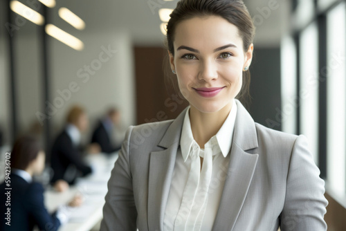 Gorgeous young businesspeople with confident expressions in the workplace  a meeting being held by other employees in the background  and a smile on their face