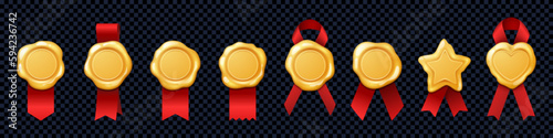 Gold wax stamp with ribbon vector certificate badge. Diploma medal seal in yellow and red isolated on transparent background. Golden circle tag award for best quality or exclusive warranty offer.