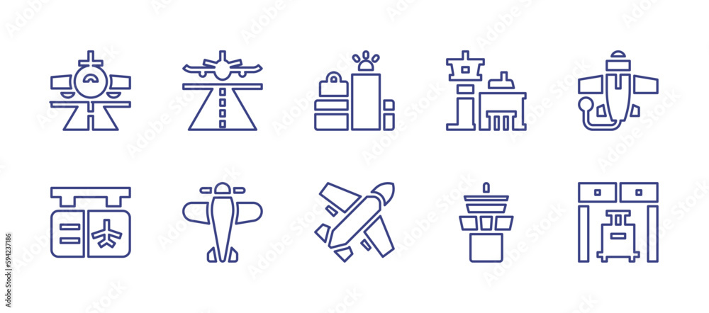 Airport line icon set. Editable stroke. Vector illustration. Containing airport, plane, checkpoint, gate, airplane, tower, security gate.