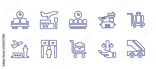Airport line icon set. Editable stroke. Vector illustration. Containing waiting room, airport, luggage, security scan, baggage, travel insurance, ladder.
