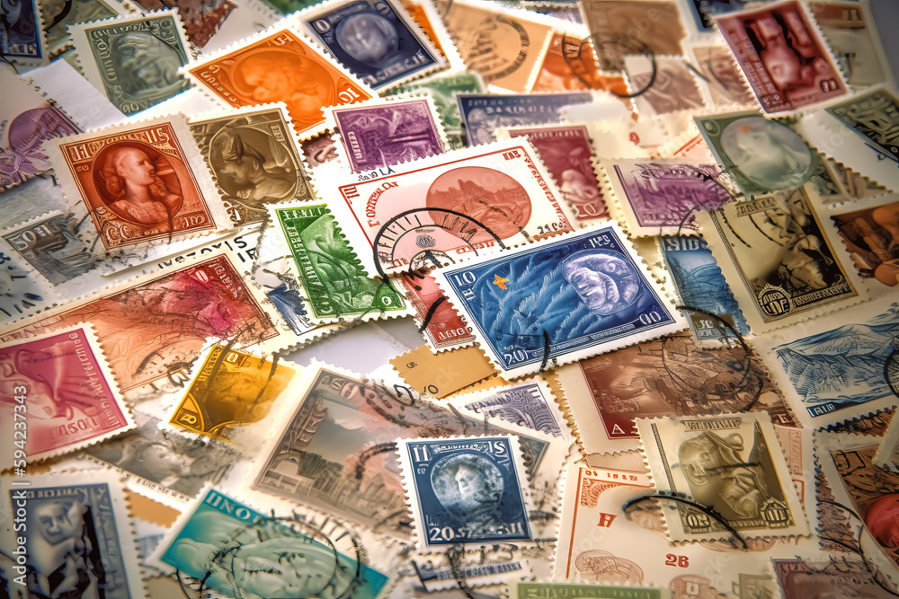 STAMP COLLECTION. PHILATELY. AI ILLUSTRATION. HORIZONTAL.