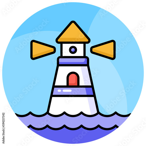 A tower containing a beacon light to warn or guide ships at sea, well designed icon of lighthouse