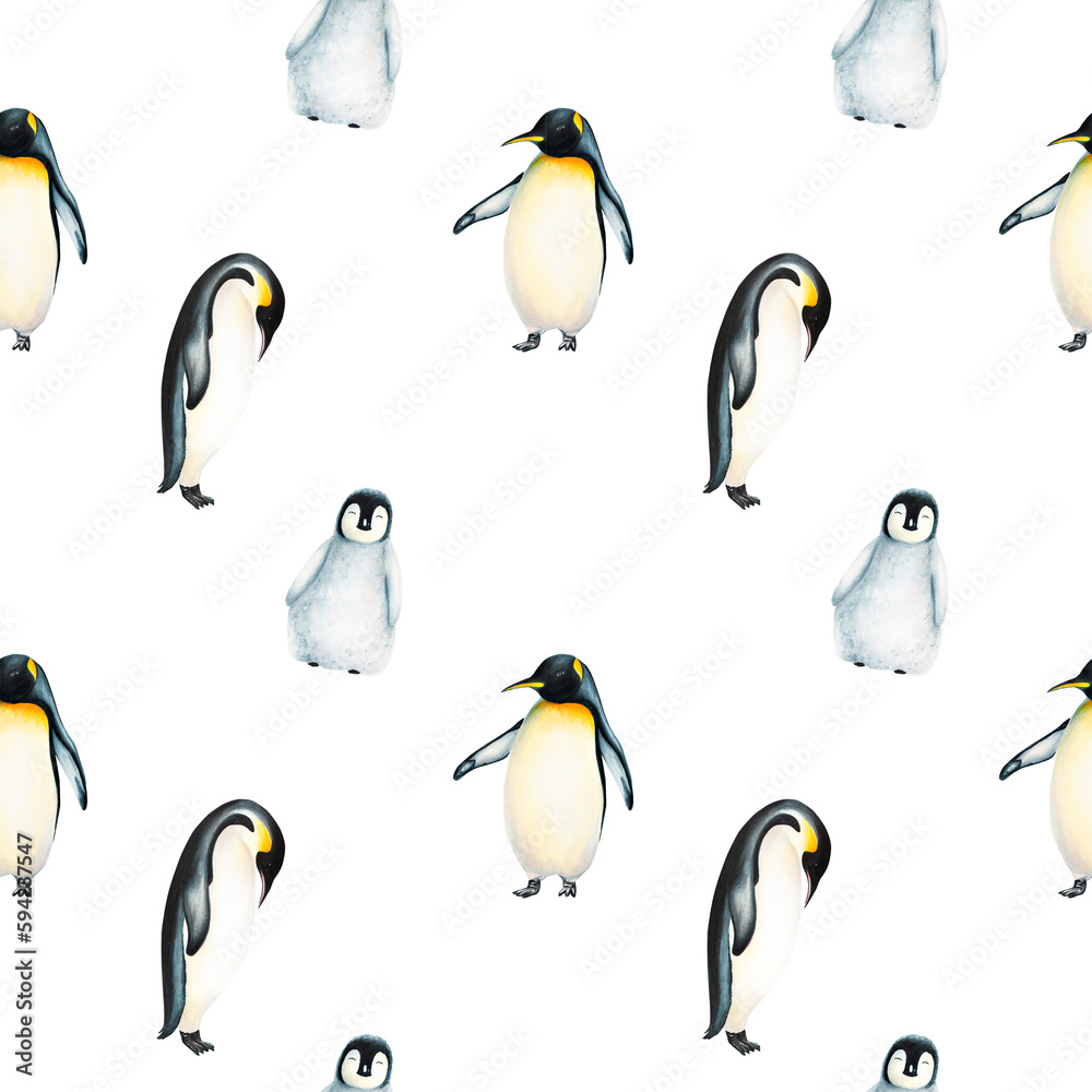 Fototapeta premium Watercolor seamless pattern with king penguin family isolated. Hand painting realistic Arctic and Antarctic ocean mammals. For designers, decoration, postcards, wrapping paper, scrapbooking, covers