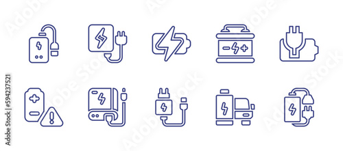 Battery line icon set. Editable stroke. Vector illustration. Containing power bank, socket, battery charge, battery, low battery level, charger, car battery.