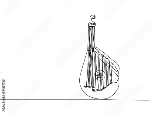 Bandura one line art. Continuous line drawing of music, instrument, folk, musical, ukrainian, culture, acoustic, ethnic, lute, kobza, traditional, mandolin, string