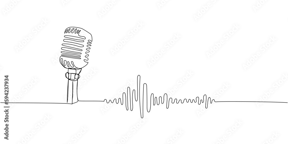 Sound waves, music, retro microphone one line art. Continuous line ...