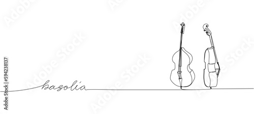 Basolia, bass viol one line art. Continuous line drawing of musical, melody, violin, vintage, music, orchestra, viola, symphony, musician, string with an inscription, lettering, handwritten.