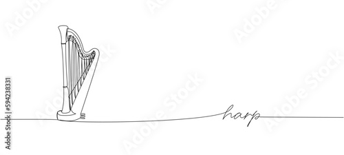 Harp one line art. Continuous line drawing of musical, melody, antique, culture, retro, tune, music, irish, orchestra, greek, lira, lyra, string with an inscription, lettering, handwritten.