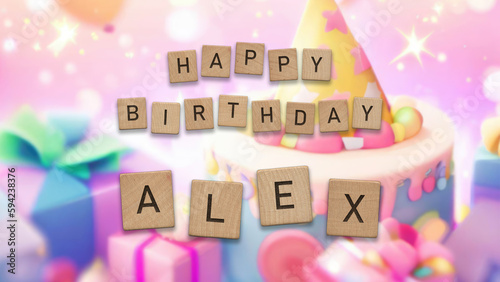 Happy Birthday Alex card with wooden tiles text. Boys birthday card with colorful background.