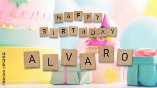 Happy Birthday Alvaro card with wooden tiles text. Boys birthday card with colorful background. photo