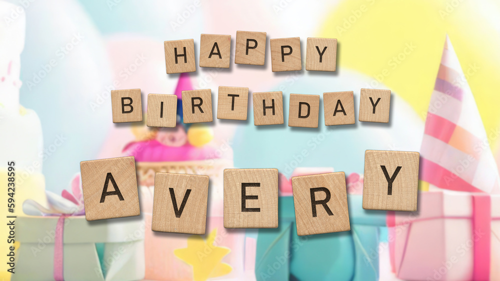 Happy Birthday Avery card with wooden tiles text. Girls birthday card