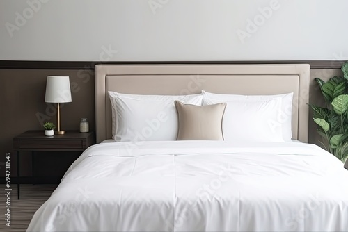  bed with white pillows in hotel, ai generative