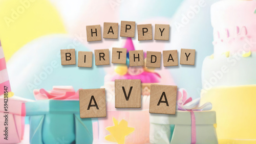 Happy Birthday Ava card with wooden tiles text. Girls birthday card with colorful background.