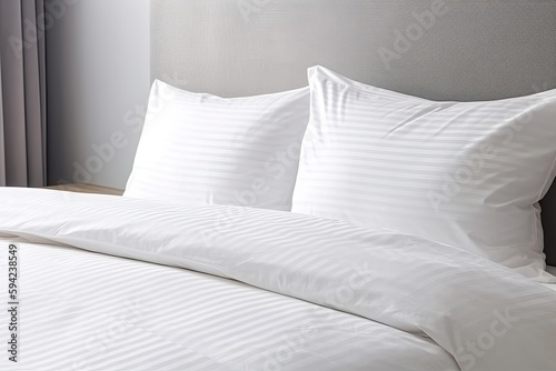  bed with white pillows in hotel, ai generative photo