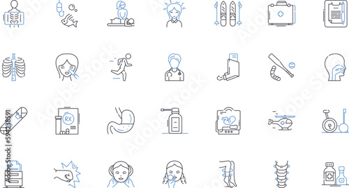 Medical devices line icons collection. Implant, Scanner, Surgical, Prosthesis, Diagnostic, Monitor, Infusion vector and linear illustration. Catheter,Ventilator,Pacemaker outline signs set
