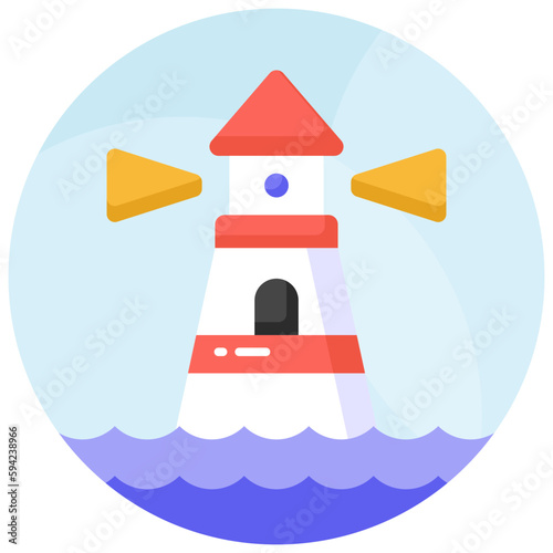 A tower containing a beacon light to warn or guide ships at sea, well designed icon of lighthouse