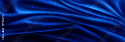 Blue drapery silk fabric luxury background. Nawy abstract satin cloth vector texture pattern. Smooth shiny drape material curtain. Elegant velvet curve motion image realistic horizontal design.